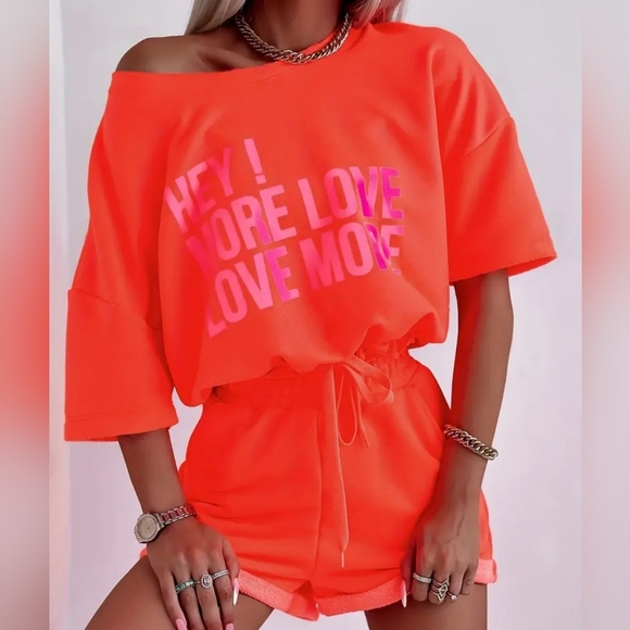 Bright Orange Graphic Cropped Tee and Shorts LoungeSet Size XXL NWOT - Picture 16 of 16